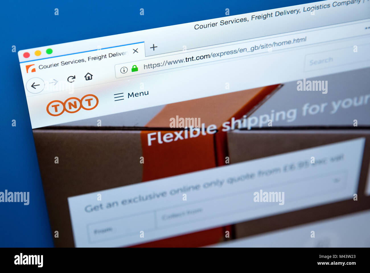 LONDON, UK, 10. Februar 2018: Die Homepage der offiziellen Website für TNT - die Lieferung per Kurier Unternehmen, am 10. Februar 2018. Stockfoto