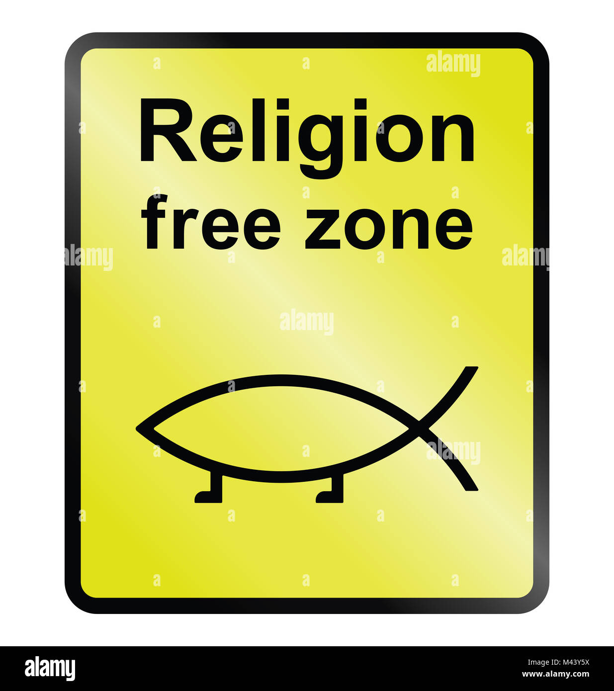 Gelb Religion Freie Zone Information der Öffentlichkeit Zeichen auf weißem Hintergrund Stockfoto