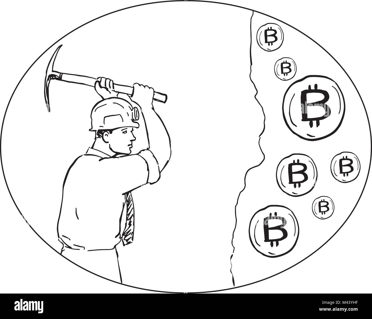 Zeichnung Skizze stil Abbildung: Bitcoin Miner Bergbau hacking mit Spitzhacke Graben für Cryptocurrency set innen Oval auf isolierten Hintergrund. Stock Vektor