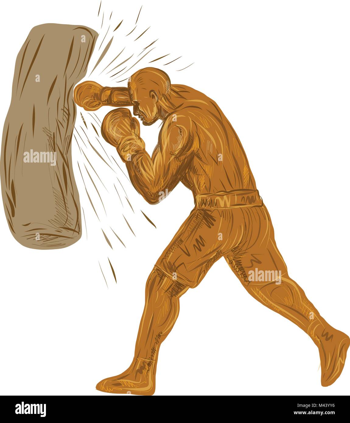 Zeichnung Skizze stil Abbildung: ein Boxer, Pugilist oder prize Fighter stanzen eine Tasche von der Seite auf isolierten Hintergrund betrachtet. Stock Vektor