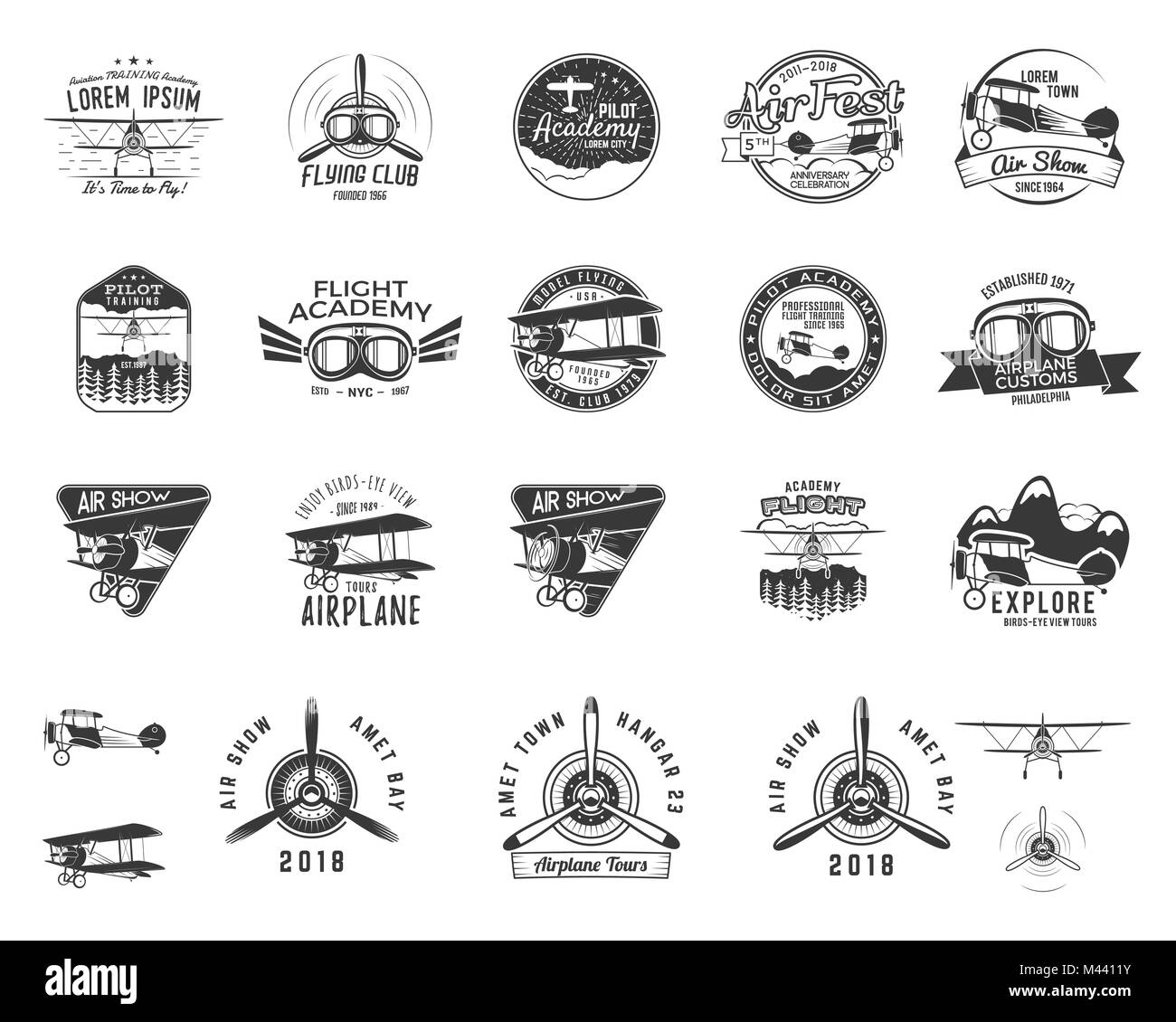 Jahrgang Hand gezeichnet Alte fliegen Briefmarken. Reisen oder Business Flugzeug tour Embleme. Doppeldecker Akademie Etiketten. Retro Antenne Abzeichen isoliert. Pilot School Logos. Ebene t-Design, Grafik, Web Design. Vektor Stock Vektor