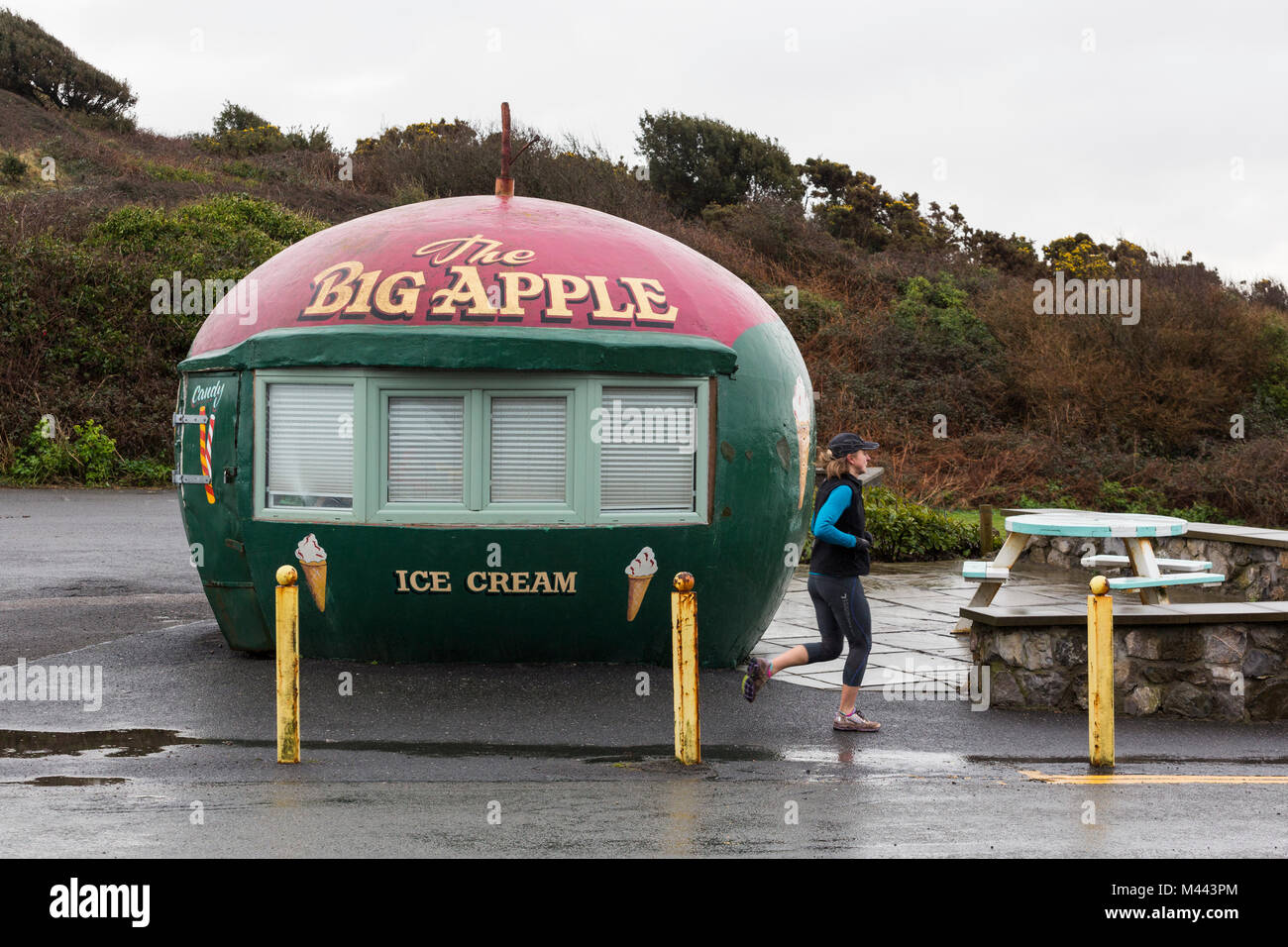 Essen und Eis am Strand Stall im Winter außerhalb der Saison in Mumbles in der Form eines Apple Stockfoto