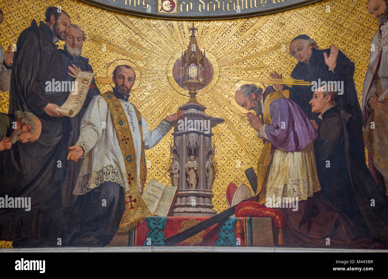 TURIN, Italien - 15. MÄRZ 2017: Die symbolischen Fresko der Anbetung des holys vor der Eucharistie in der Kirche Chiesa di San Dalmazzo von Enrico Reffo Stockfoto
