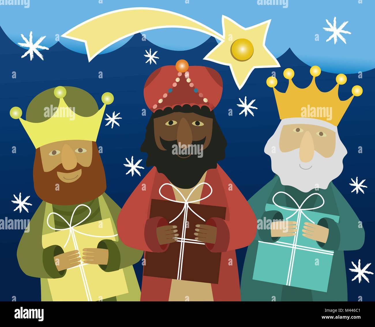 Drei Weisen bringen Geschenke zu Jesus. Drei Weisen, die drei Könige, Melchior und Balthasar, Gaspard Stock Vektor