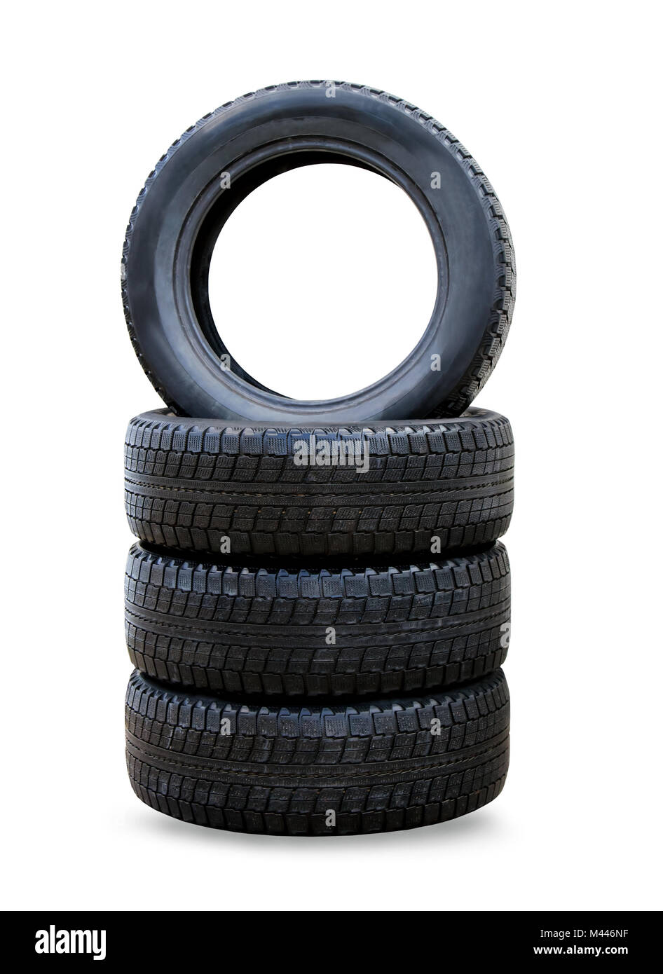 Stapel von vier neuen schwarzen Winter Radreifen für Auto Stockfoto