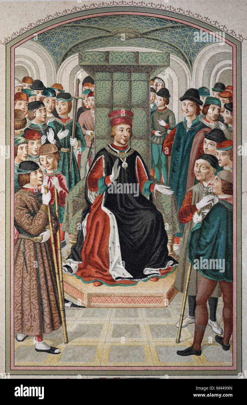 Alfons V. von Aragon (1396-1458). König von Aragon. Llibre dels Fets ich Dits, aus dem 15. Jahrhundert. Lithographie, 1879. Stockfoto Alfons V. von Aragon (1396-1458). König von Aragon. Llibre dels Fets ich Dits, aus dem 15. Jahrhundert. Lithographie, 1879. Stockfoto