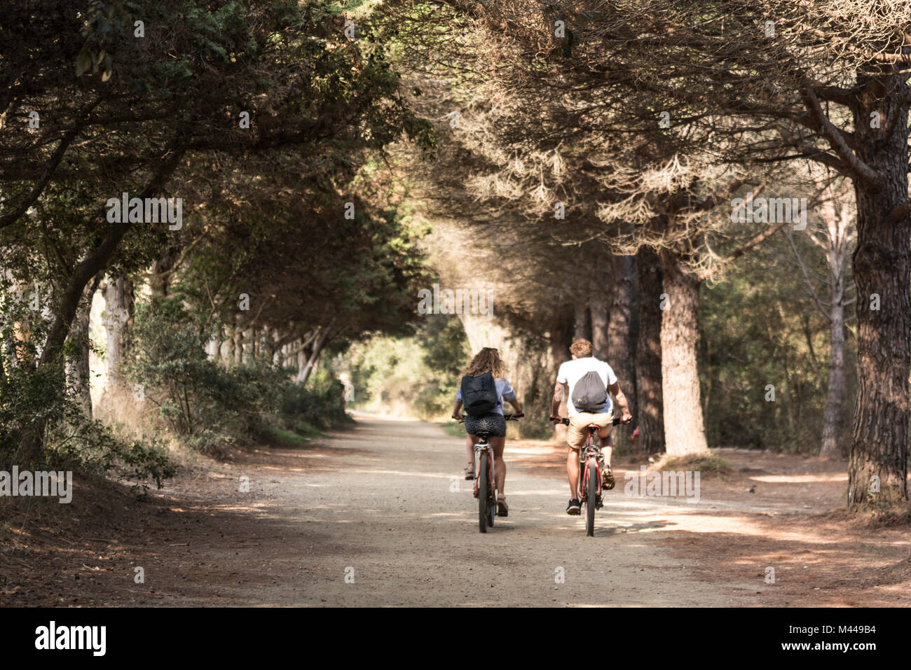 Ansicht der Rückseite des touristischen Paar Radtouren entlang von Bäumen gesäumten Straße, Porquerolles, Provence-Alpes-Cote d'Azur Stockfoto