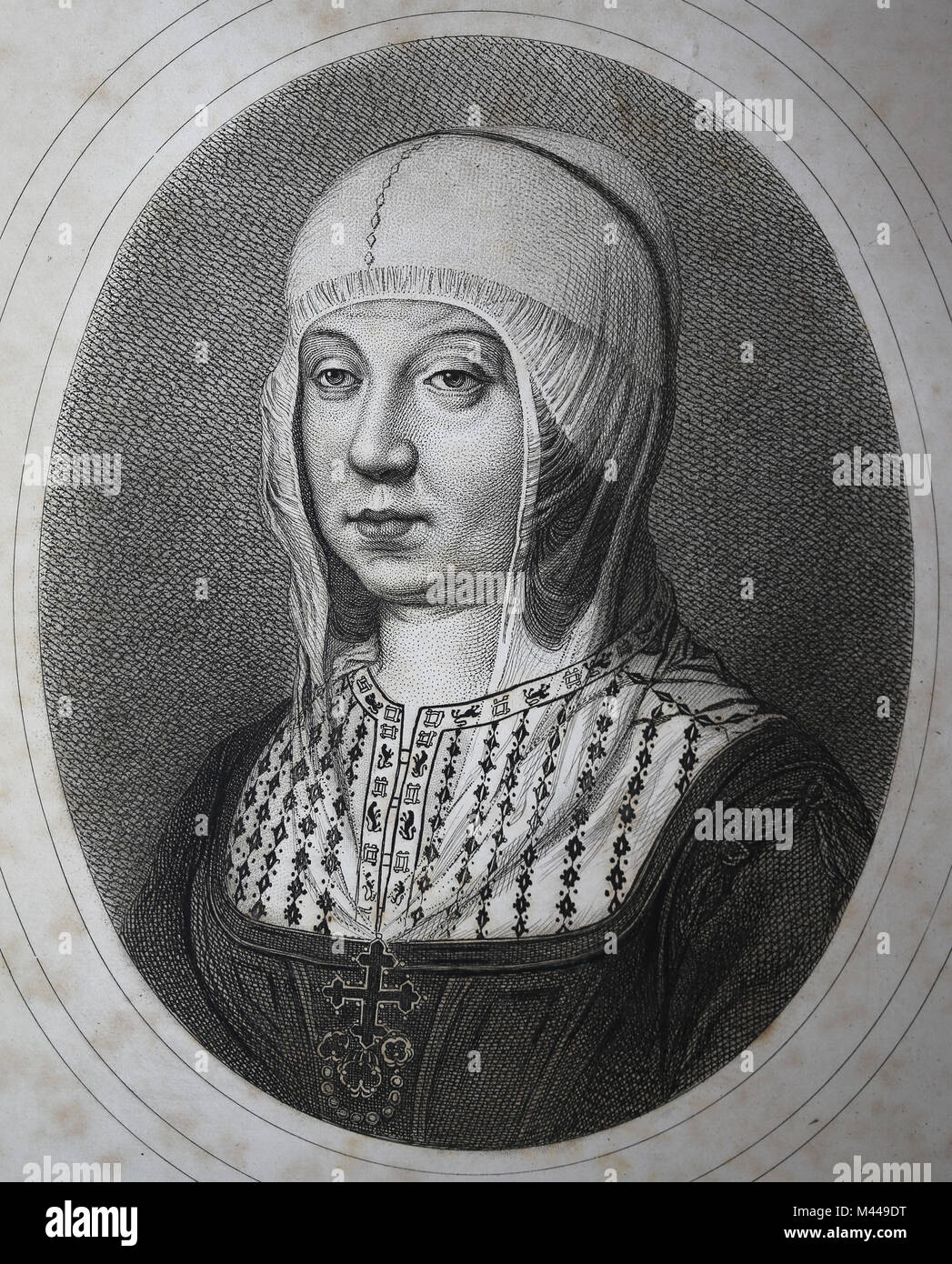 Isabella I. von Kastilien (451-1504). Königin von Kastilien. Die Katholische. Porträt. Gravur, 1879. Stockfoto