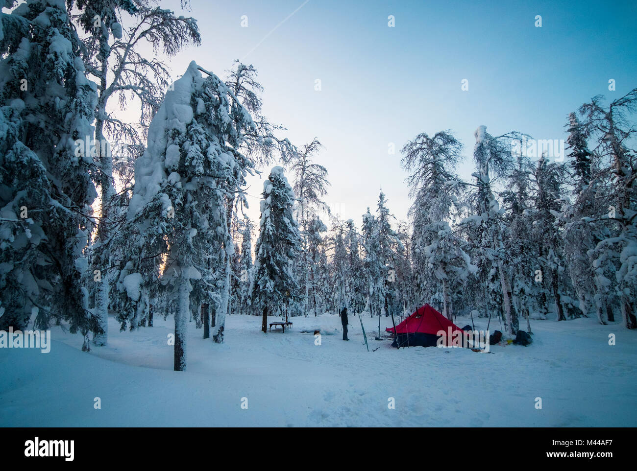 Mann stand neben der Hütte in den verschneiten Wald, Russland Stockfoto