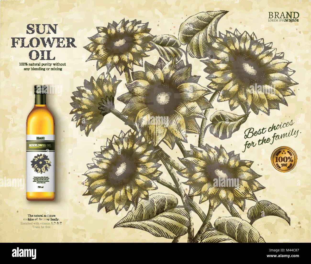 Sonnenblumenöl ads, exquisite Speiseöl Produkt in 3D-Darstellung mit retro Ätzen shading Stil Sonnenblumen Stock Vektor