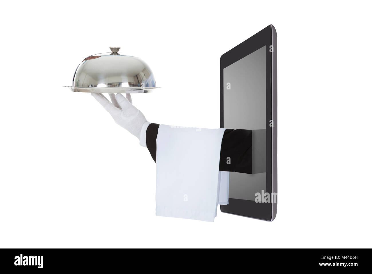 Nahaufnahme der Kellner Hand, die von der Digitalen Tablet isoliert auf weißem Stockfoto