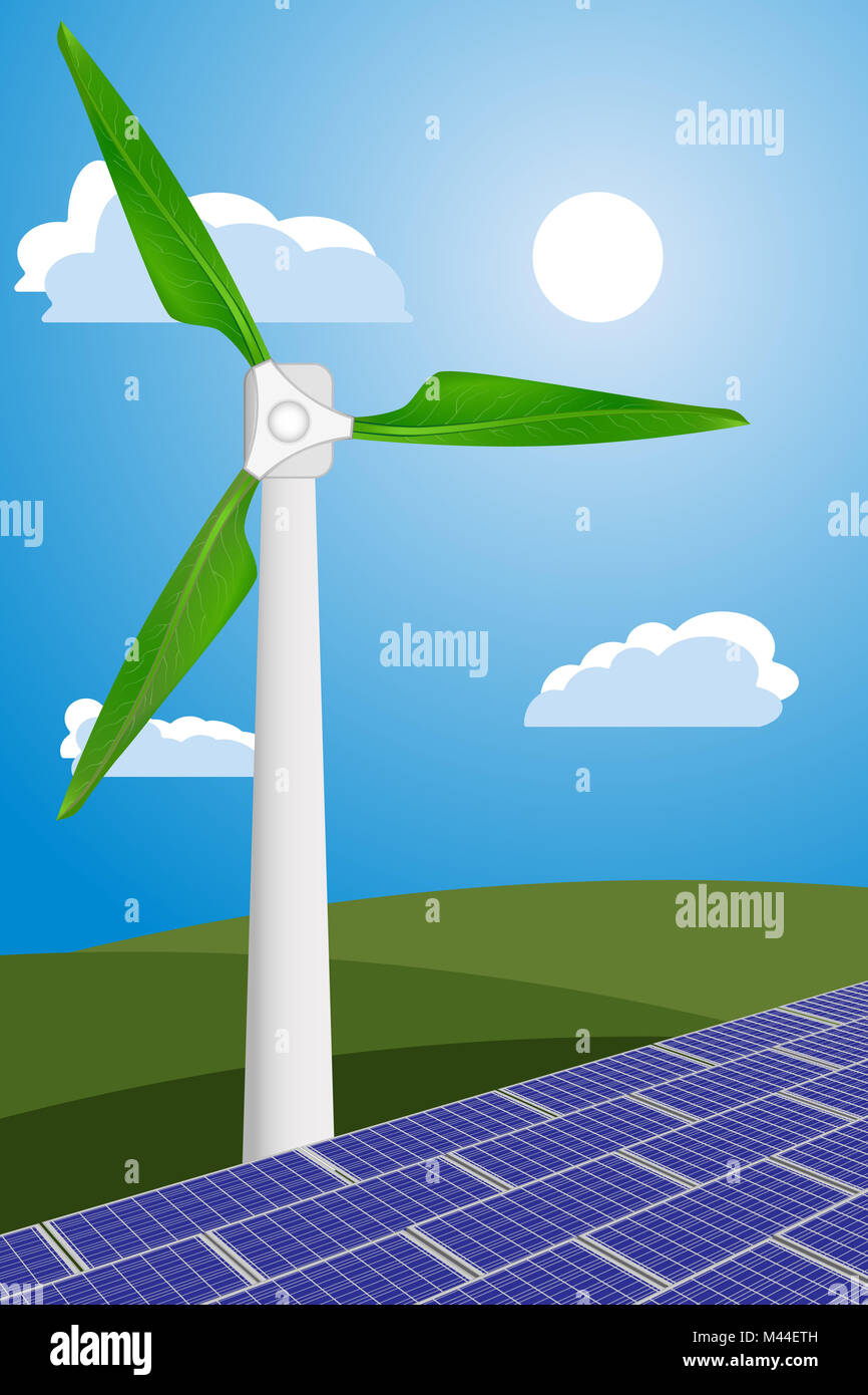 Vector Illustration der Windenergieanlage mit grünen Blättern und Solarkollektoren für die Erzeugung von umweltfreundlicher und sauberer Energie Stockfoto