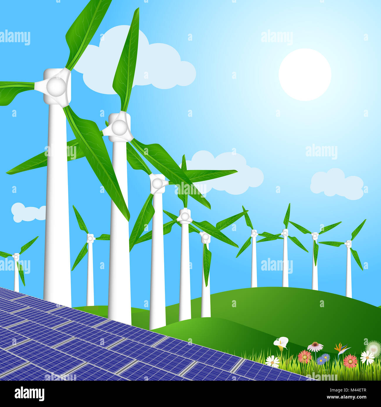 Vector Illustration von Windenergieanlagen mit grünen Blättern und Solarkollektoren für die Erzeugung von umweltfreundlicher und sauberer Energie Stockfoto