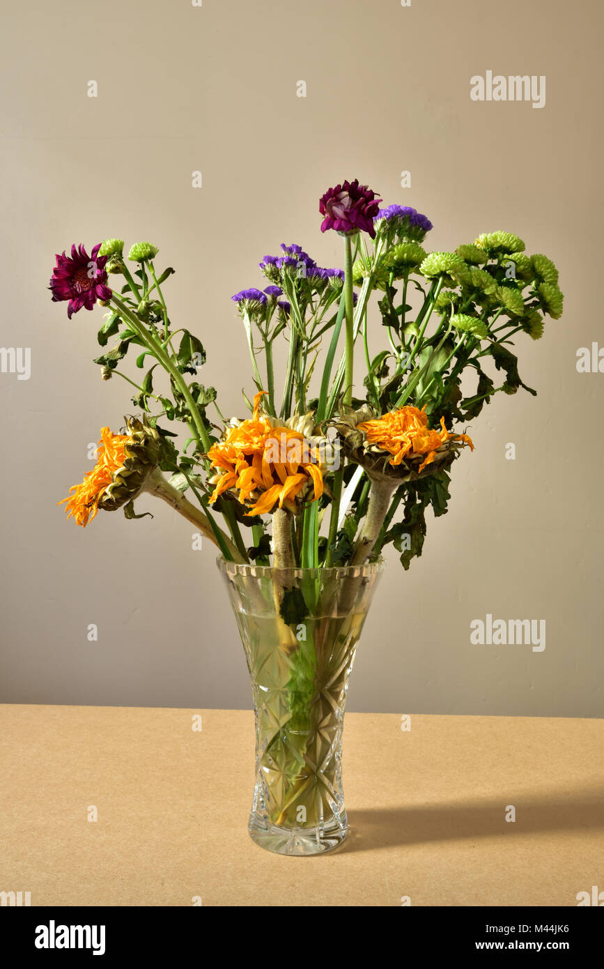 Ein Bündel von sterbenden Blumen in einer Glasvase. Stockfoto