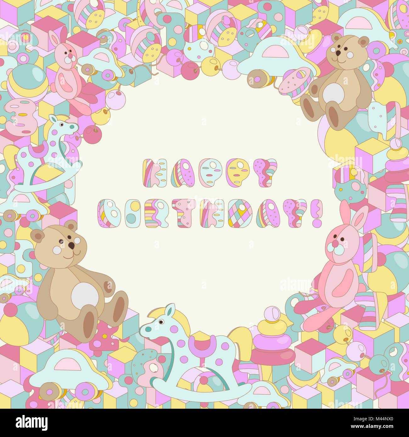 Happy Birthday typografischen Vektor Pastell cartoon Doodles baby Spielzeug Design für Grußkarten, Einladungen Stock Vektor