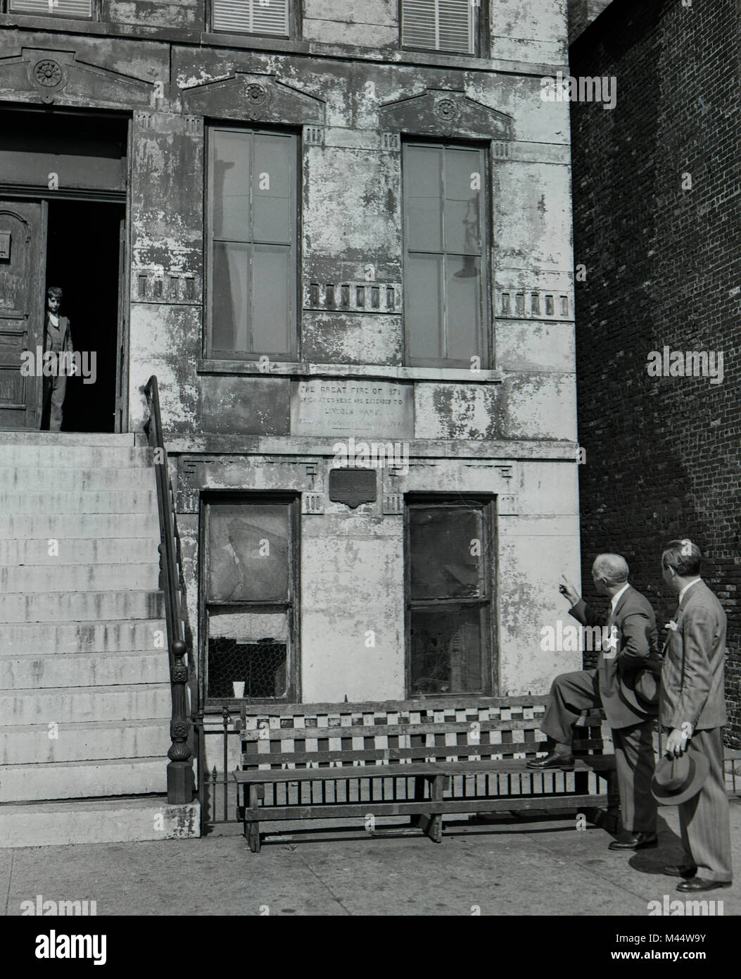 Der historische Ort, an dem die großen Chicago Feuer begann 1871, Ca. 1948. Stockfoto