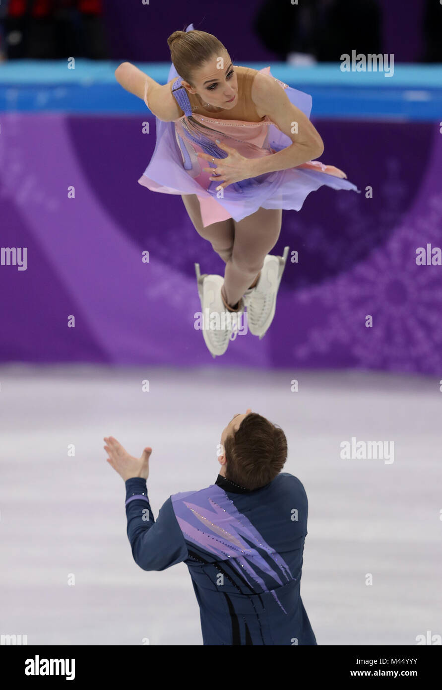 Paige Conners und Evgeni Krasnopolski von Isreal in der Paare zahlen Skaten in der gangneung Ice Arena am Tag fünf der Olympischen Winterspiele 2018 PyeongChang in Südkorea. PRESS ASSOCIATION Foto. Bild Datum: Mittwoch, 14. Februar 2018. Siehe PA Geschichte OLYMPICS Eiskunstlauf. Foto: David Davies/PA-Kabel. Einschränkungen: Nur für den redaktionellen Gebrauch bestimmt. Keine kommerzielle Nutzung. Stockfoto
