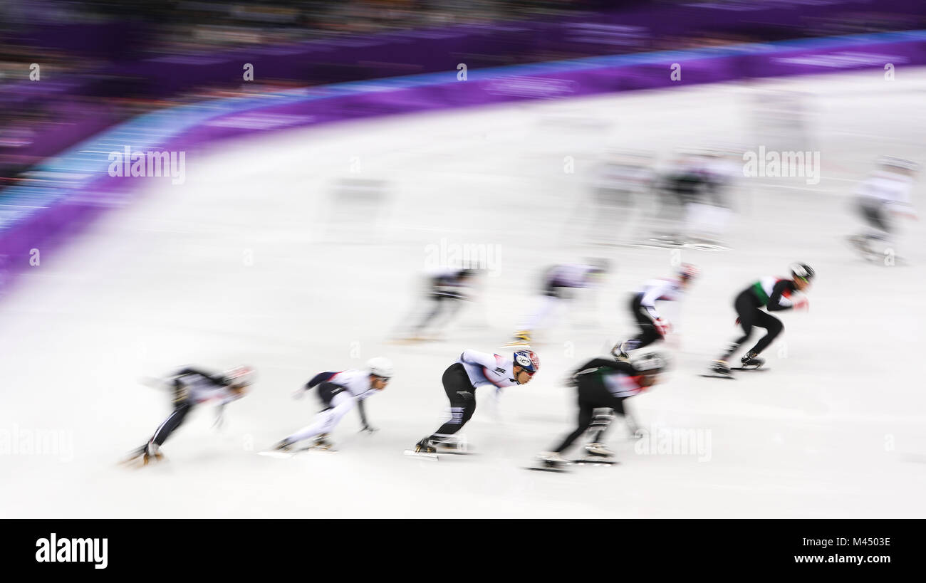 Männer 5000 m Staffel beim Gangneung Oval am vierten Tag der Olympischen Winterspiele 2018 in PyeongChang in Südkorea. DRÜCKEN SIE VERBANDSFOTO. Bilddatum: Dienstag, 13. Februar 2018. Siehe PA Story OLYMPICS Short Track. Bildnachweis sollte lauten: David Davies/PA Wire. Stockfoto