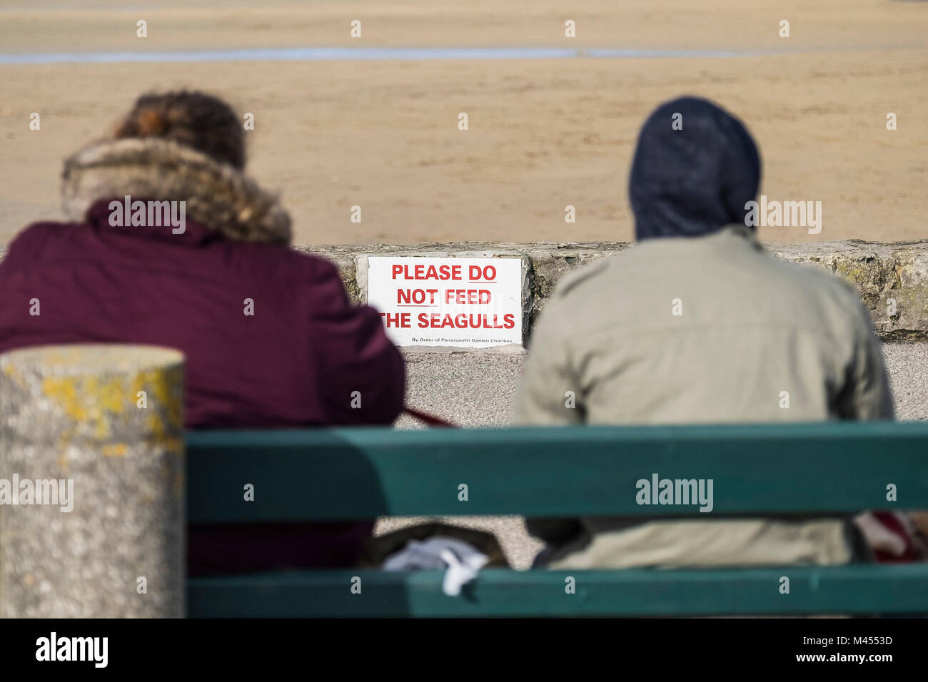 Nicht Füttern die Möwen am Strand in Perranporth Cornwall UK. Stockfoto