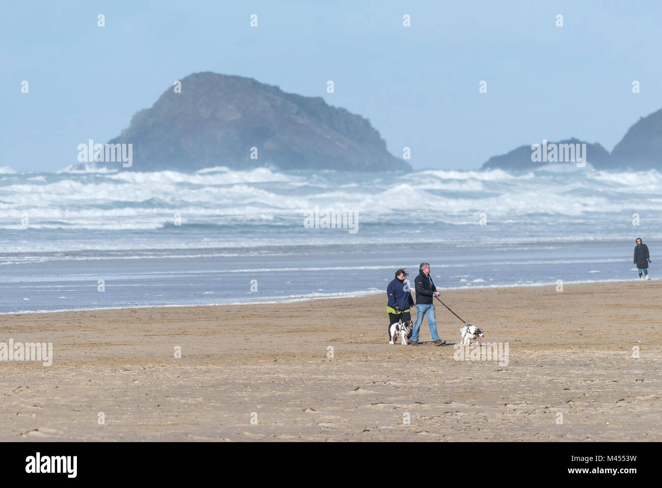 Hund Spaziergänger am Strand in Perranporth Cornwall UK. Stockfoto