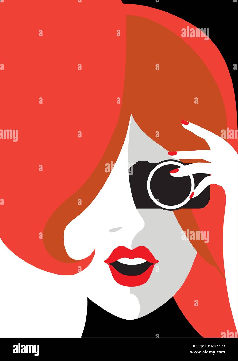 Kreative konzeptionelle Vektor. Womans Gesicht mit einer Kamera. Stock Vektor Kreative konzeptionelle Vektor. Womans Gesicht mit einer Kamera. Stock Vektor