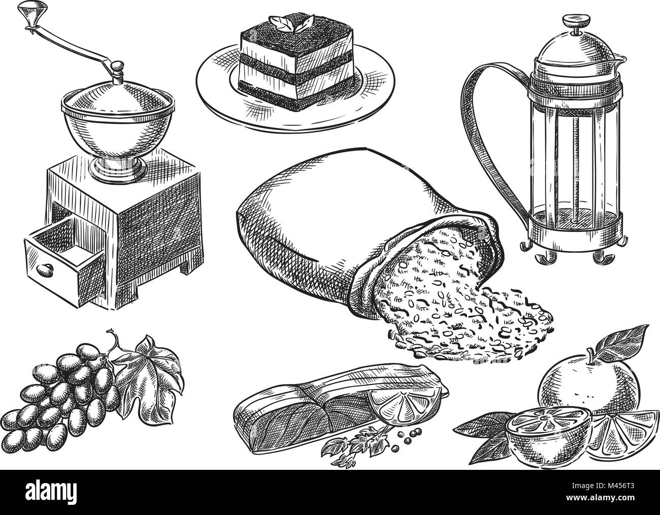 Kreative konzeptionelle Vektor. Skizze Hand gezeichnet Essen set Abbildung, Gravieren, Tinte, Strichzeichnungen, Vektor. Stock Vektor
