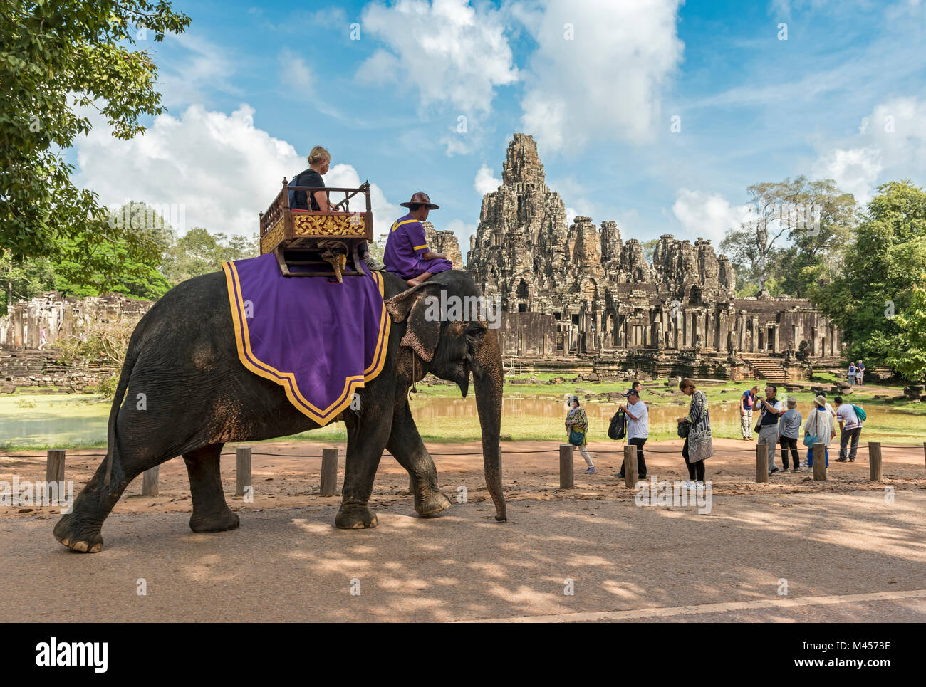 Touristische Fahrten ein Elefant außerhalb des Bayon Tempel, Angkor Thom, Kambodscha Stockfoto