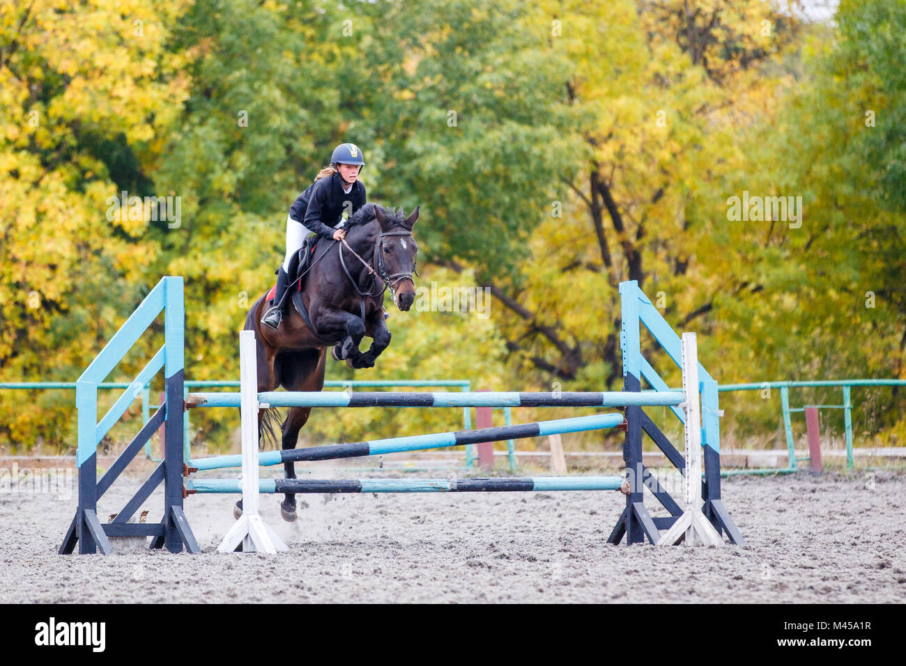 Junge Reiter Mädchen auf Bay Horse über Barriere auf Pferdesport