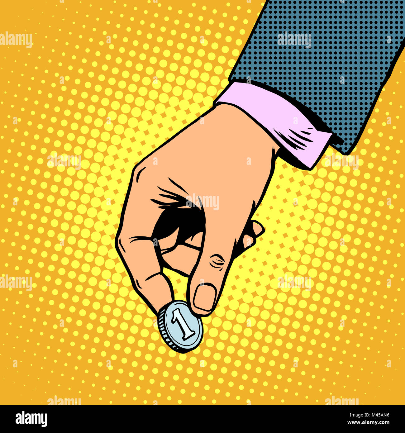 Finanziellen Beitrag. Die Hand hält eine Münze. Business-Konzept Stockfoto