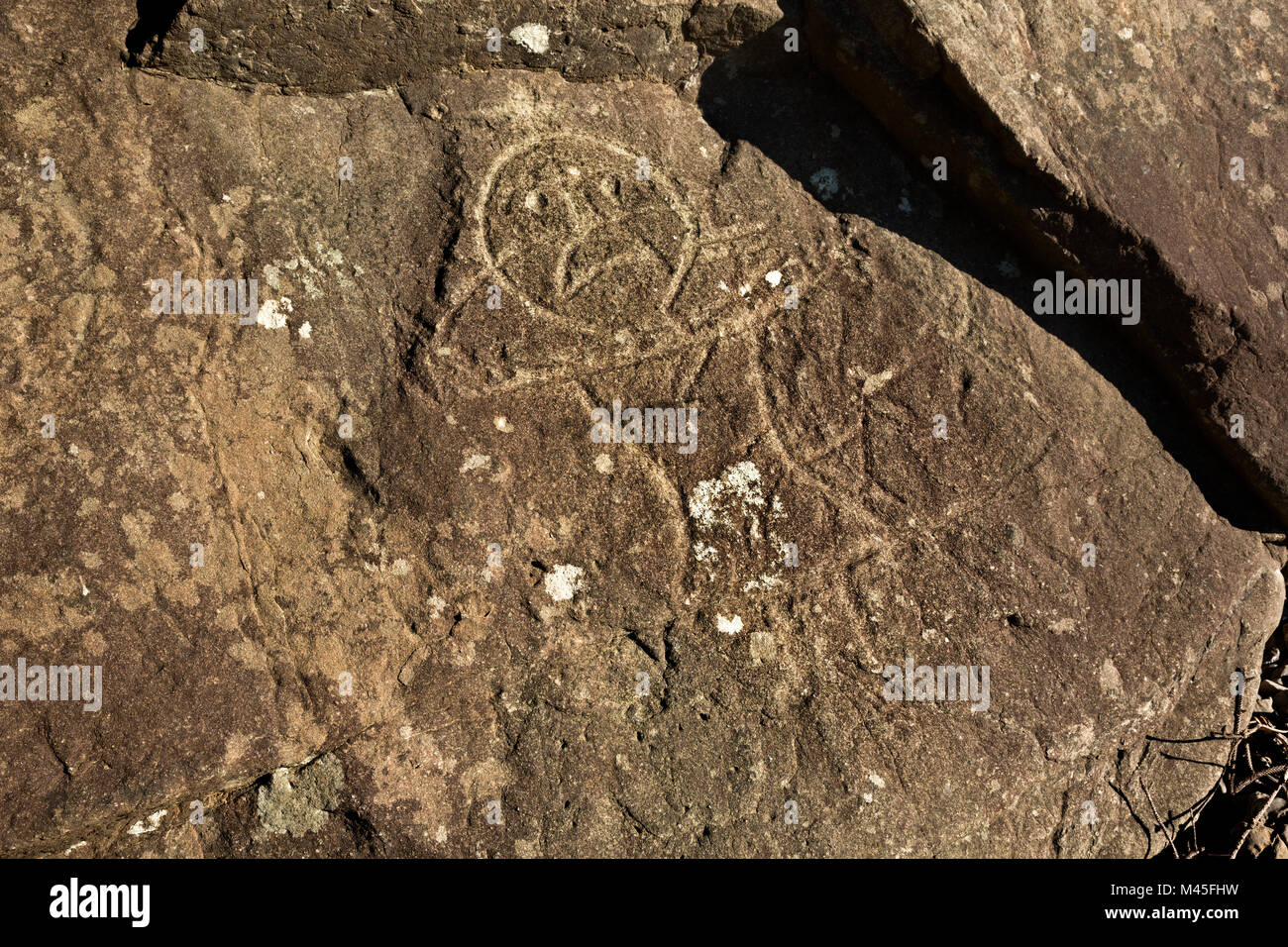 WA 13434-00 ... WASHINGTON - Native American petroglyph Darstellung ein Fischer warfen ihre Netze auf einem Felsen an der Küste bei der Hochzeit Rock om Olympischen Stockfoto