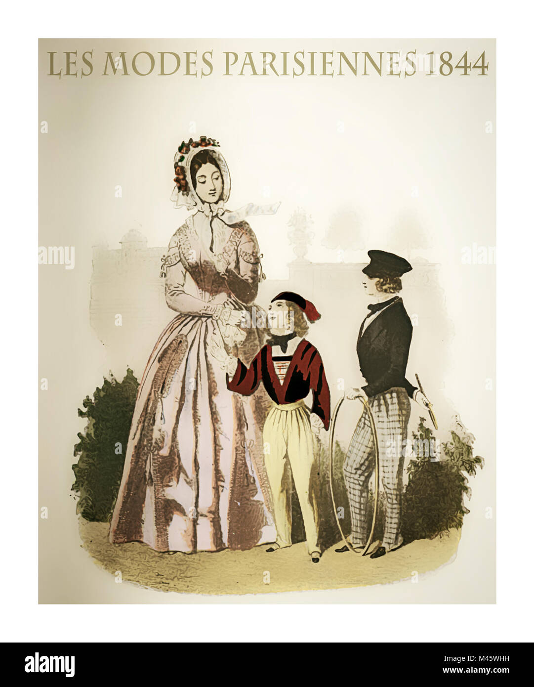 1844 Vintage Mode, französische Zeitschrift Les Modes Parisiennes präsentiert eine junge Frau mit zwei Kindern im Freien, mit ausgefallenen Tücher und modische Hüte Stockfoto