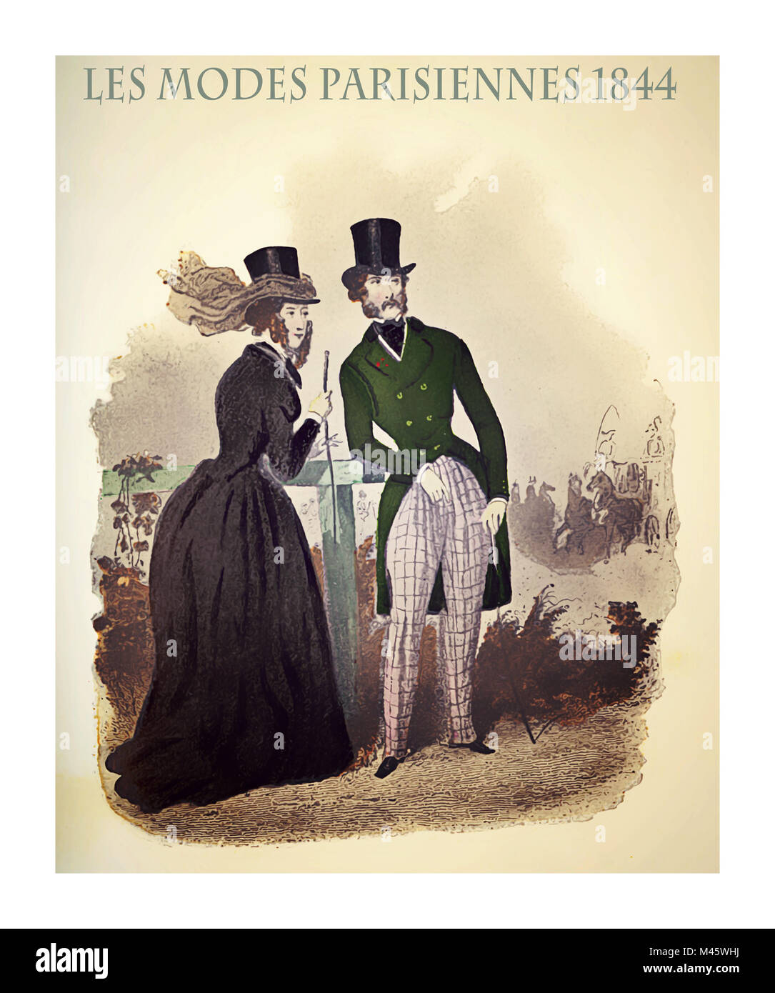 1844 Vintage Mode, französische Zeitschrift Les Modes Parisiennes stellt eine Dame und ein Herr im Freien, mit ausgefallenen Tücher und modische Hüte Stockfoto