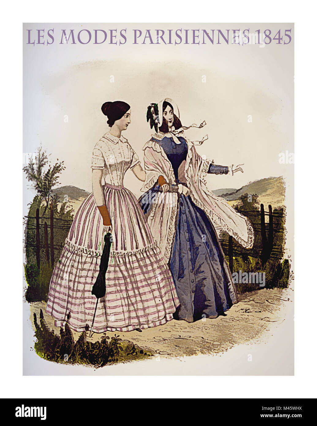 1845 Vintage Mode, französische Zeitschrift Les Modes Parisiennes präsentiert zwei Damen leisurely Outdoor mit ausgefallenen Tücher und Sonnenschirm Stockfoto
