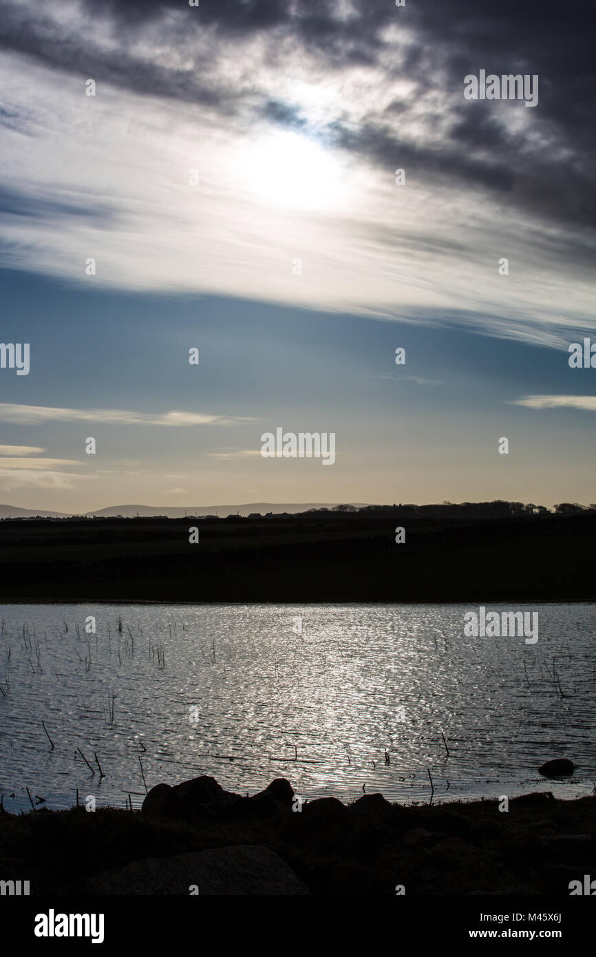 Winter Sonne scheint auf überschwemmten Feld,Mayo, Irland Stockfoto