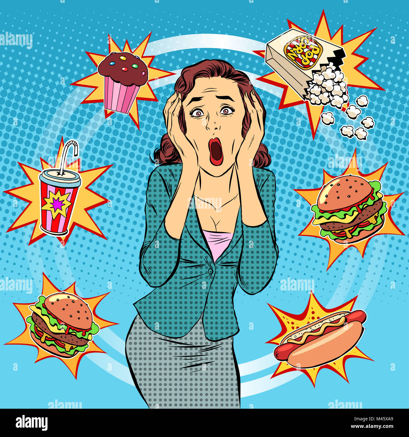 Fast-Food Frau ungesunde Ernährung Panik Stockfoto