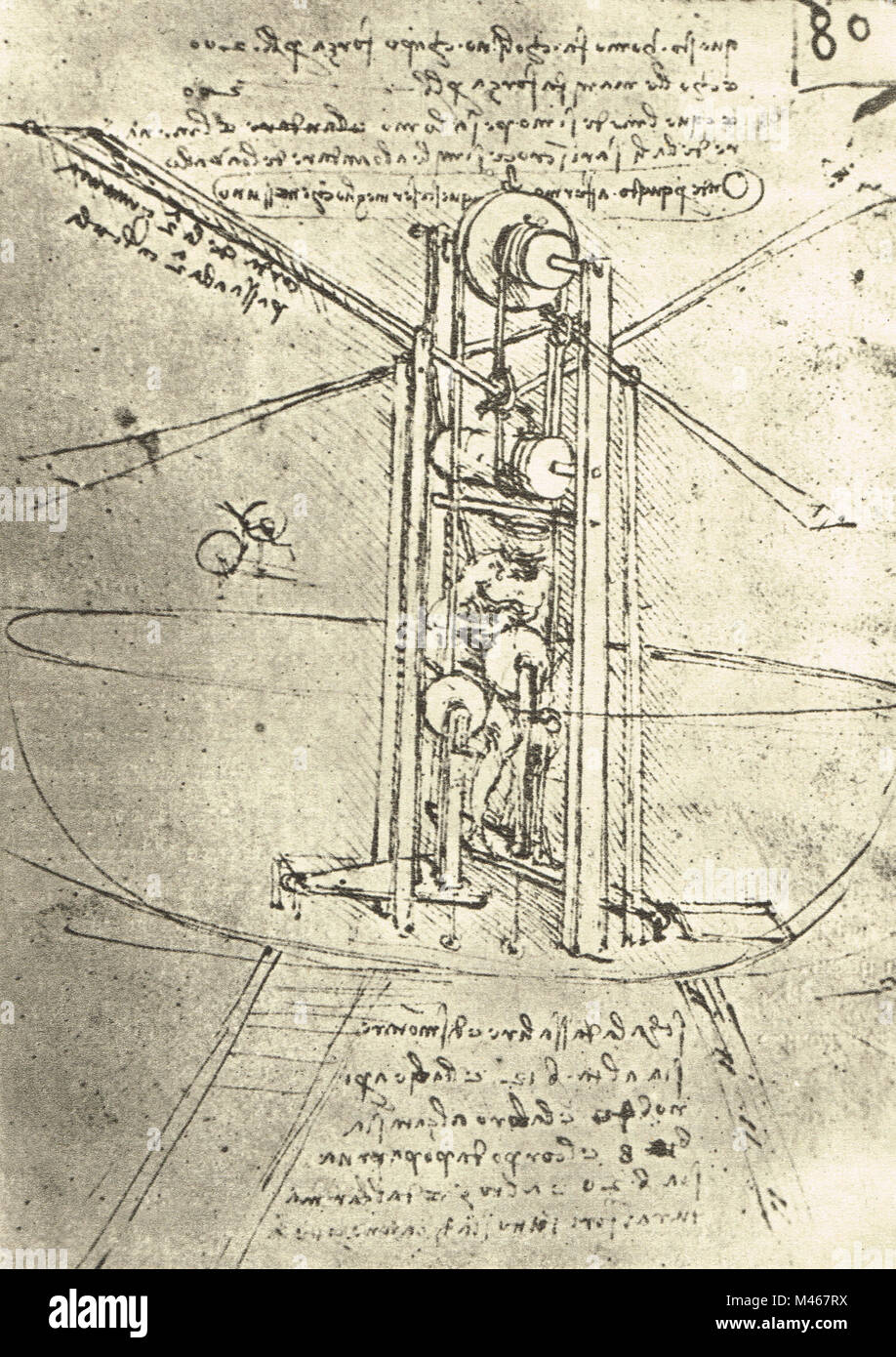 Mann powered fliegenden Maschine mit Hubschrauber wie Blades, gezeichnet von Leonardo Da Vinci, ca. 1488-9 Stockfoto