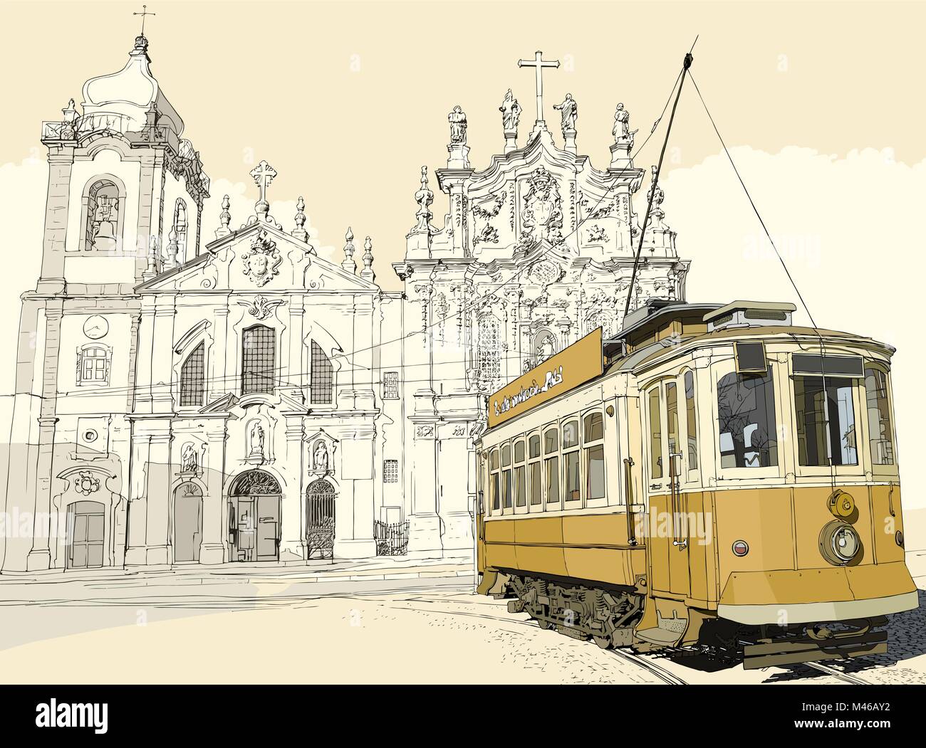 Vector Illustration einer typischen Straßenbahn vor der Kirche Carmo in Porto - Portugal Stock Vektor