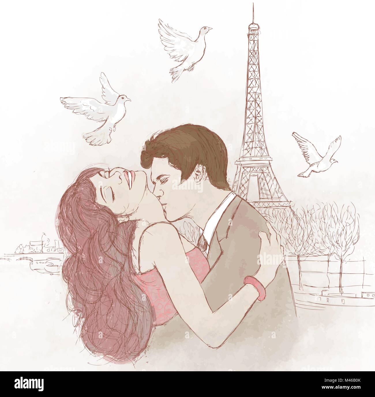Vector Illustration von ein paar Küssen in Paris. Stock Vektor
