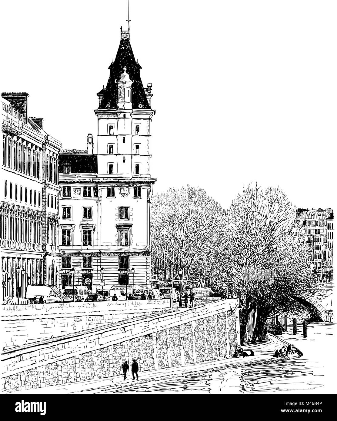Vector Abbildung: Ein Blick von der Brücke Pont Neuf in Paris. Stock Vektor