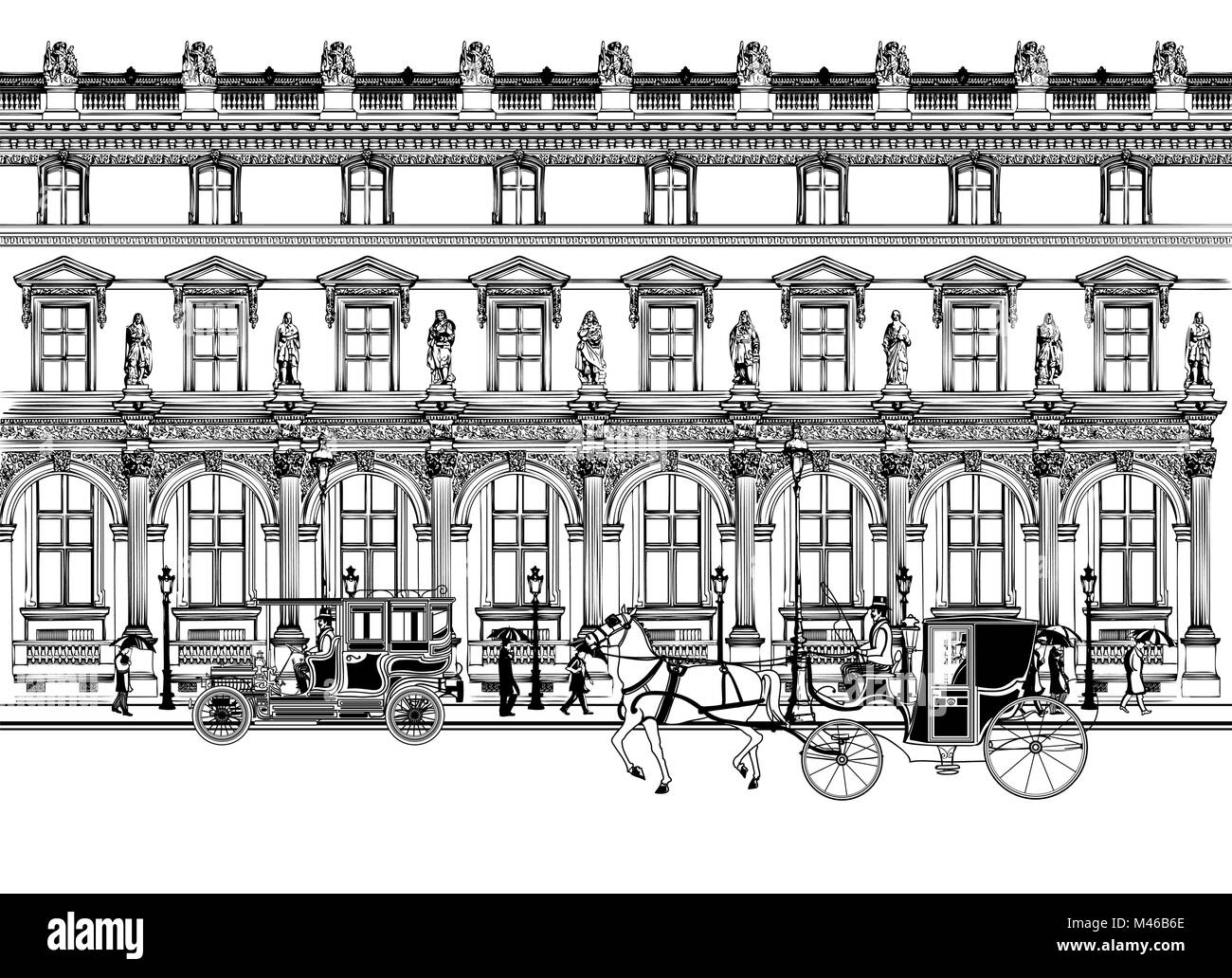 Vektor phantasievolle Kunstwerke, die eine Straße in Paris mit Pferd, Schlitten und alten Auto Stock Vektor
