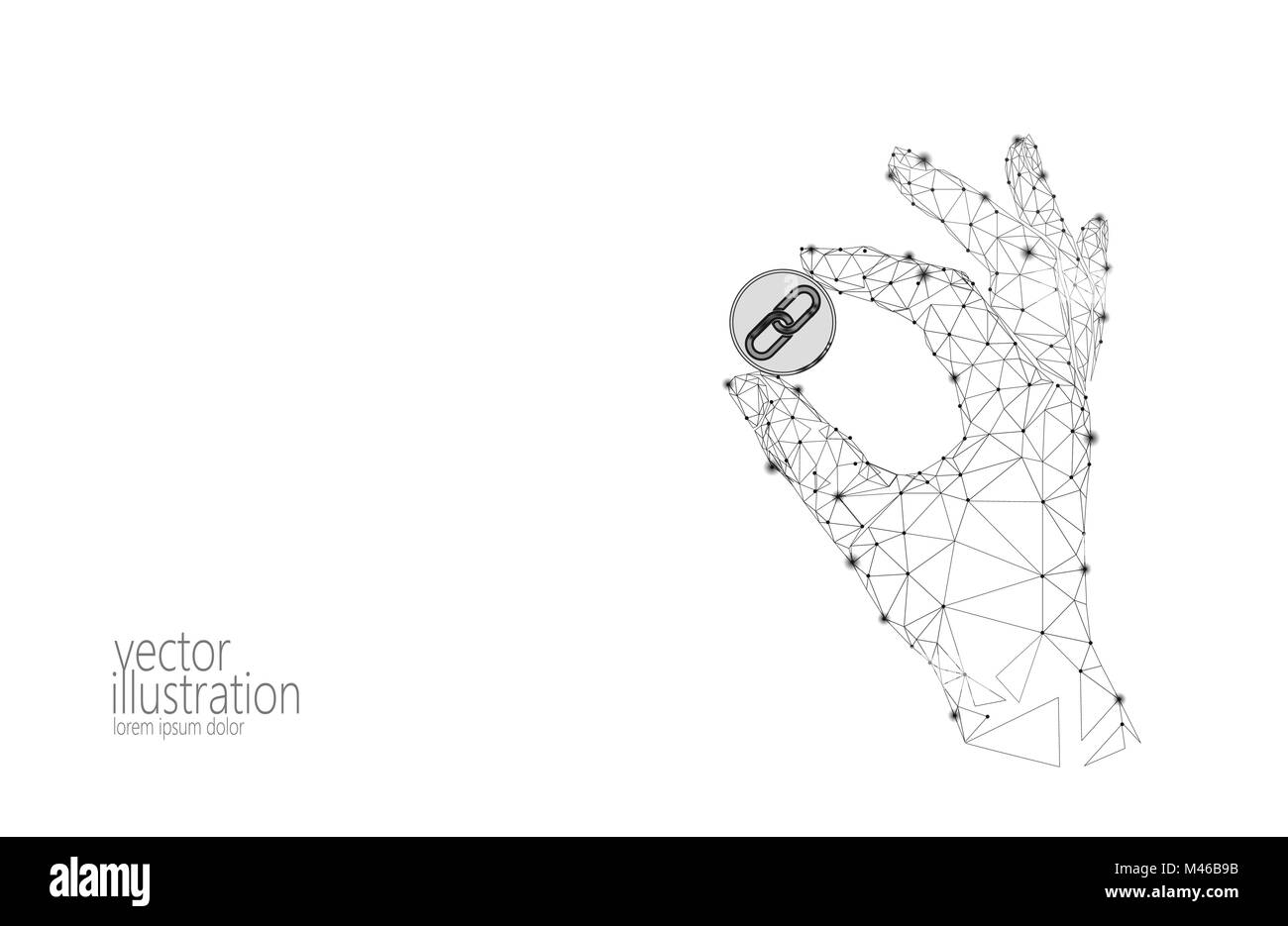 Globale cryptocurrency GCC Münze blockchain link Low Poly Hand. Polygonale geometrischen 3D-Render Punkt live digital electronic banking Zukunft Innovation Business Technology Vector Illustration Stock Vektor