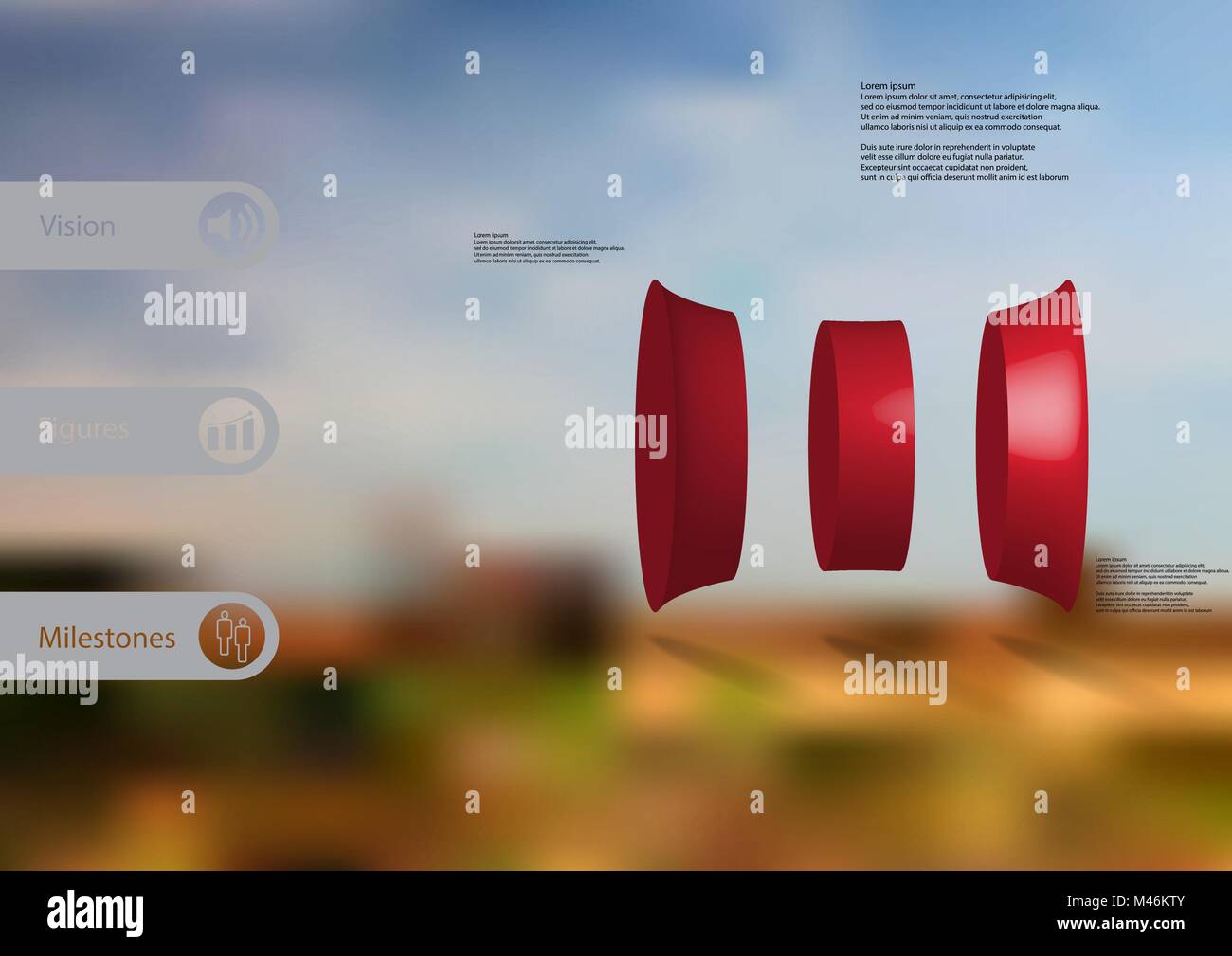 3D-Illustration Infografik Vorlage mit dem Motiv des deformierten Zylinder vertikal geteilte zu drei roten Teile mit einfachen Zeichen und Mustertext auf Seite in Stock Vektor