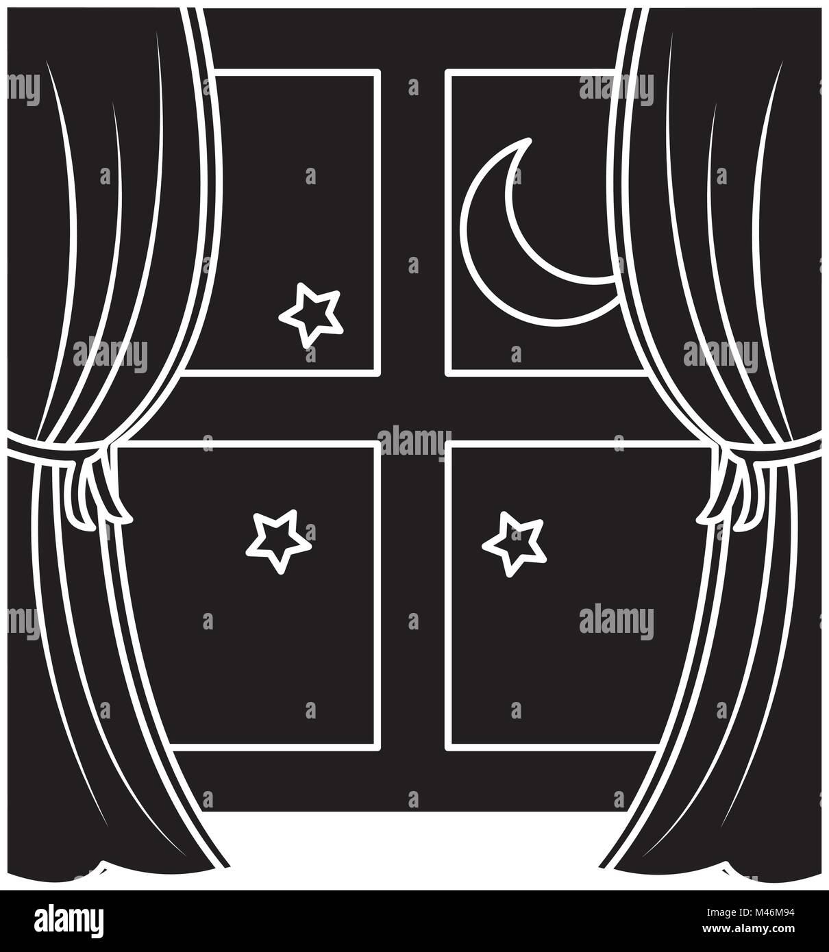 Fenster mit Vorhängen nächtliche icon image Stock Vektor