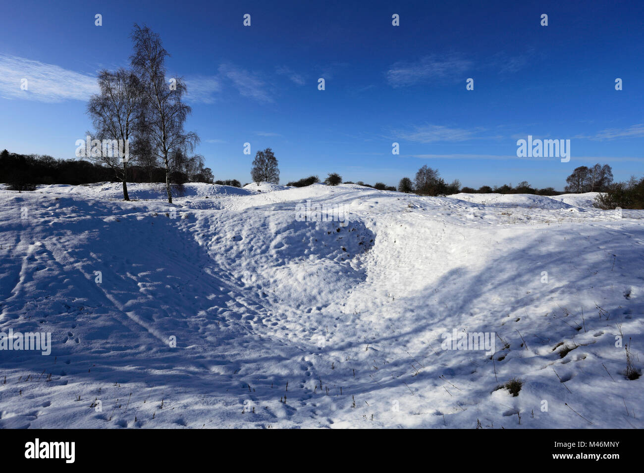 Winter Schnee am Barnack Hügel N Löcher, Website von besonderem wissenschaftlichen Interesse, Barnack Dorf, Cambridgeshire, England, Großbritannien Stockfoto