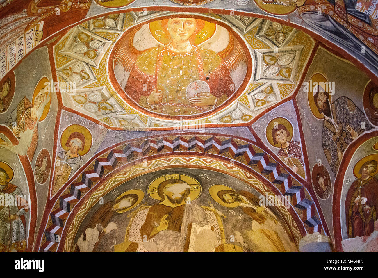 Die Fresken im Inneren des alten Elmali Kirche auch als Apple Kirche, in Kappadokien, Türkei bekannt. Stockfoto