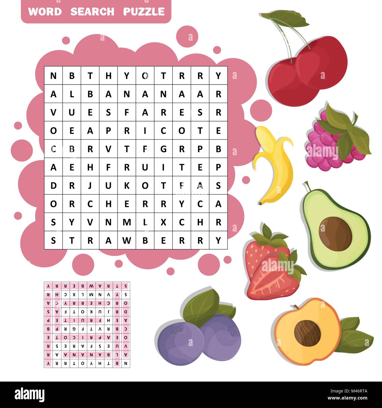 Vector Farbe Kreuzworträtsel, Bildung Spiel für Kinder über tropische Früchte. Word Search puzzle Stock Vektor