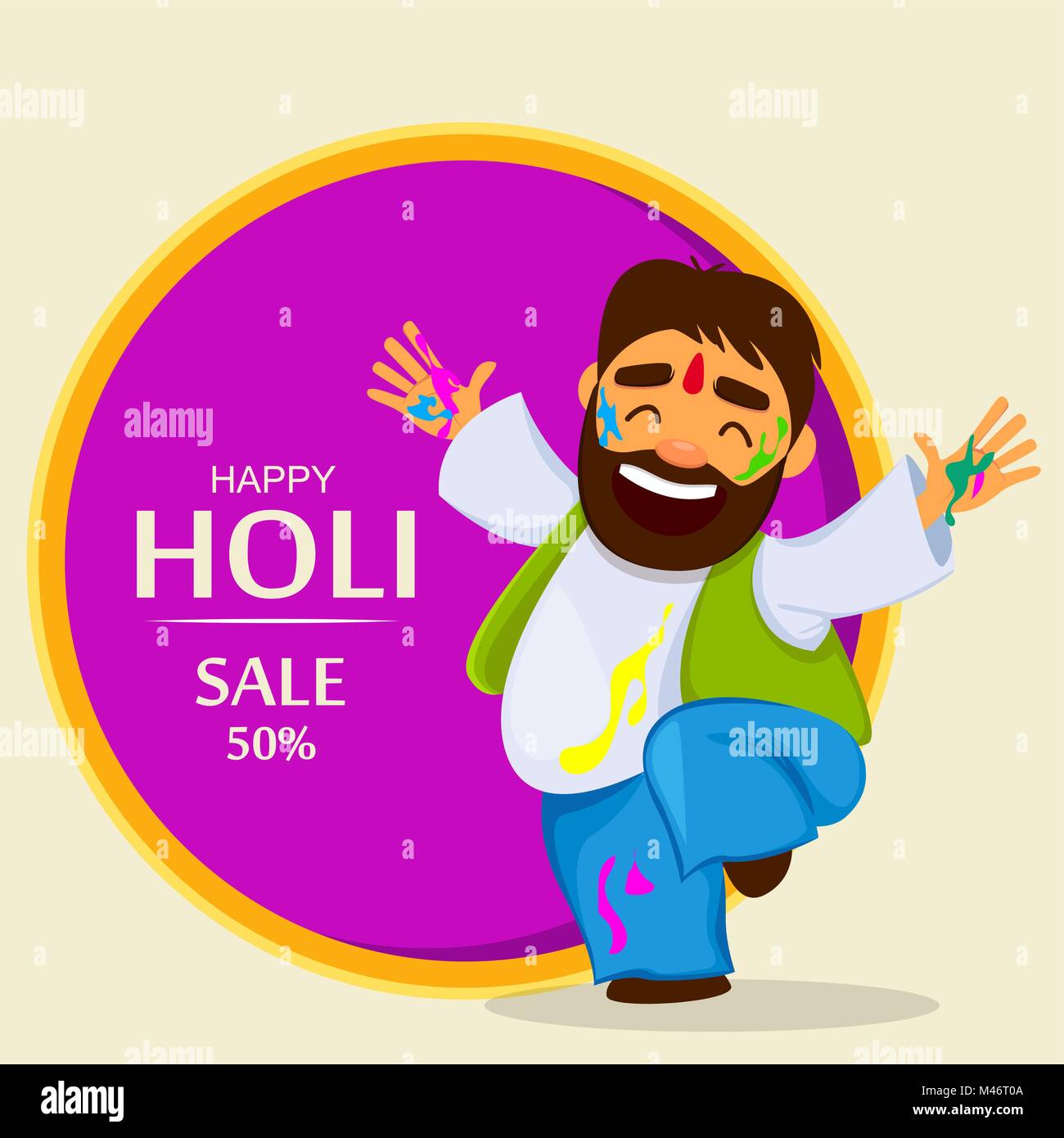 Traditionelle indische Festival Holi. Lustig tanzen Mann in Farbe. Urlaub der Feder. Vector Illustration für Banner, Verkauf Stock Vektor