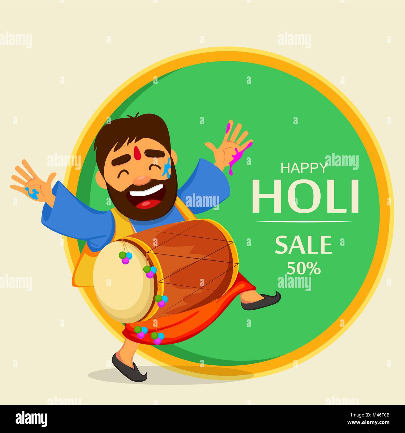 Traditionelle indische Festival Holi. Lustig tanzen Mann in Farbe mit Trommel. Urlaub der Feder. Vector Illustration für Banner, Verkauf Stock Vektor