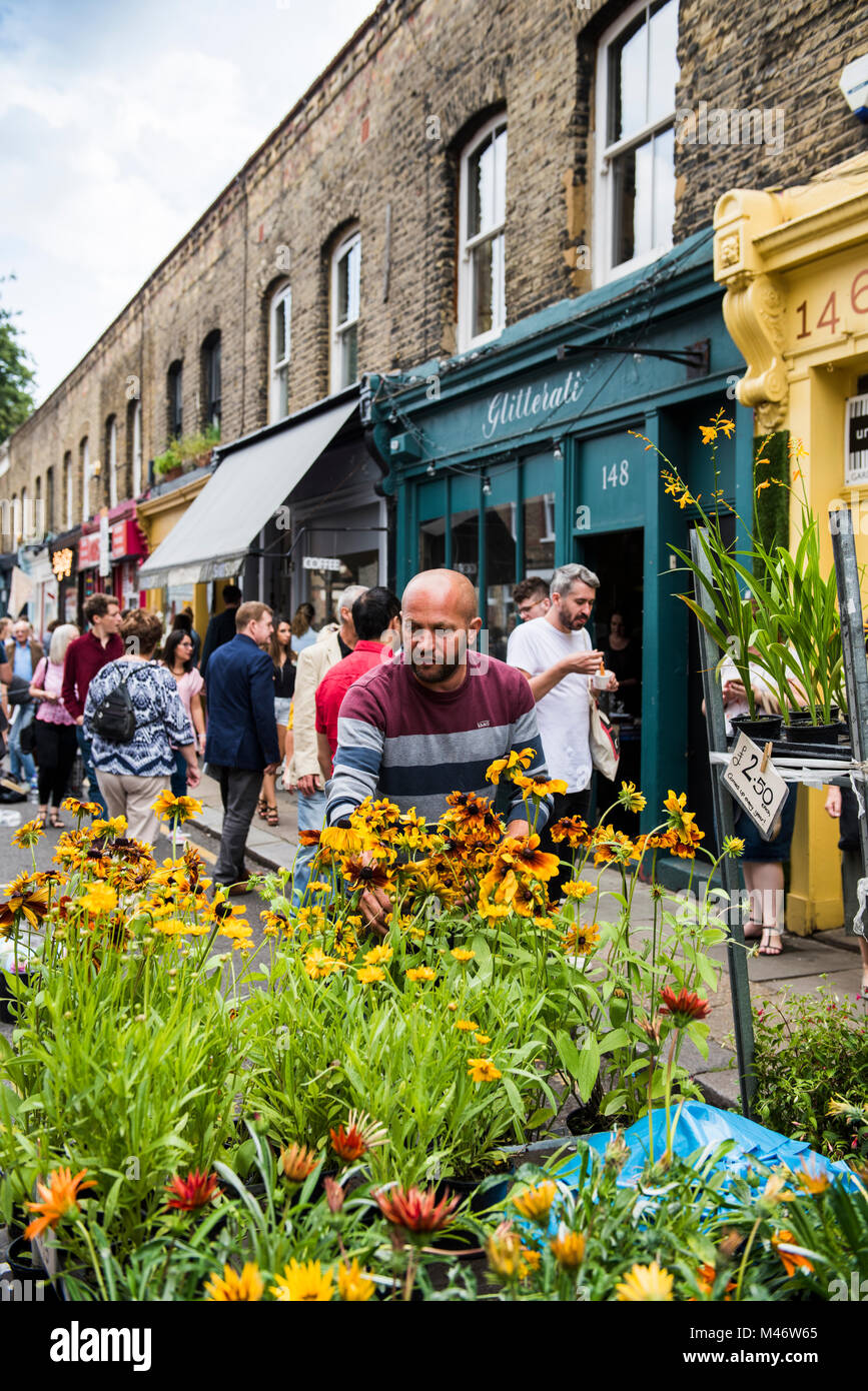 Hackney, East London, Großbritannien - 6 August 2017: Columbia Road Blumenmarkt. Stockfoto