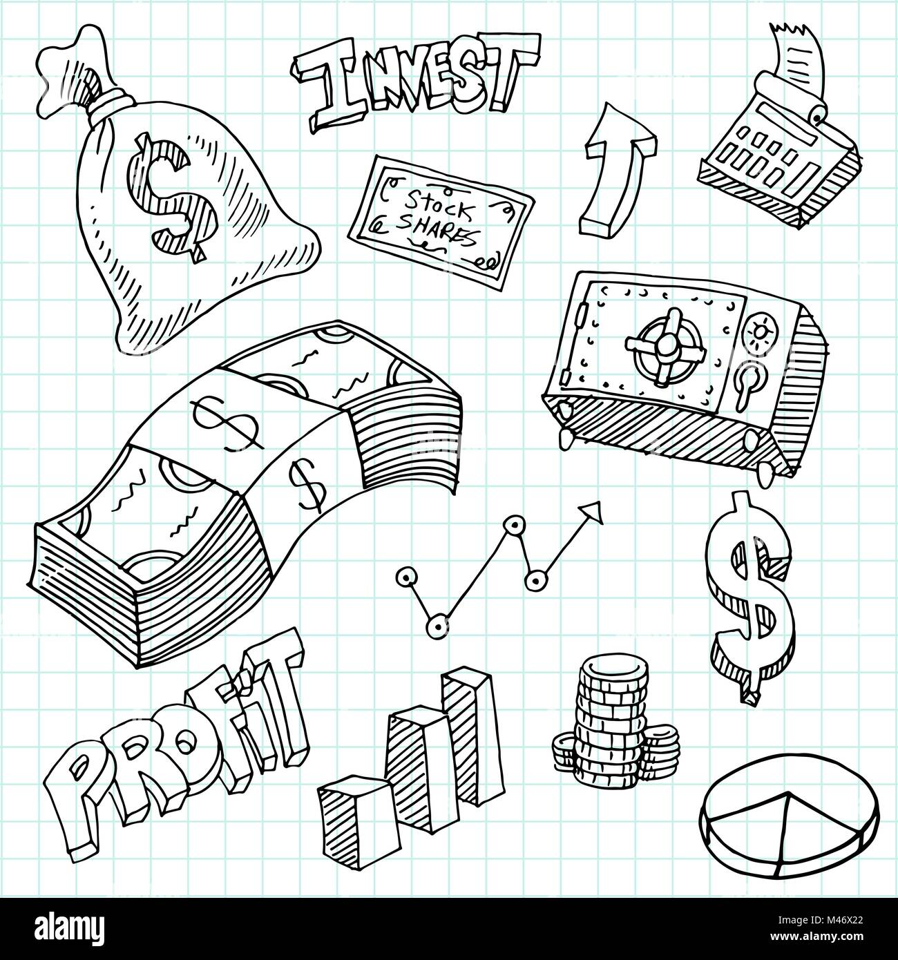 Ein Bild von einer finanziellen Investition Symbole Zeichnung auf einem Grid Hintergrund. Stock Vektor